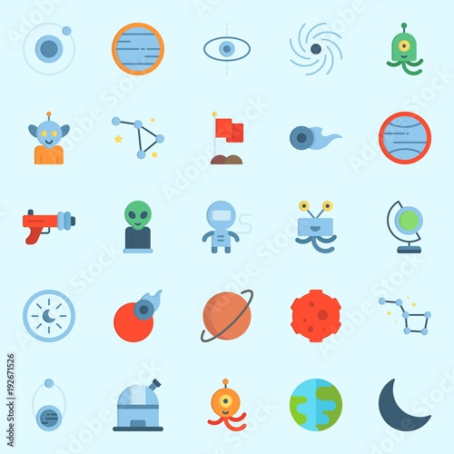 Icons about Universe with meteorite, astronaut, planet, observatory, earth glope and moon