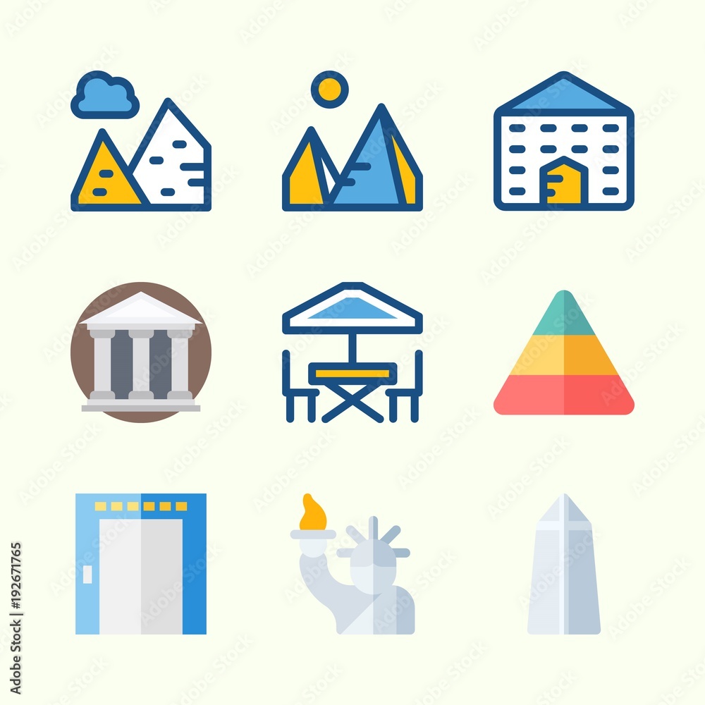 Icons about Construction with school, pyramids, terrace, statue of liberty, washington monument and elevator