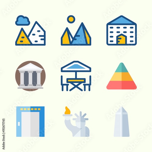 Icons about Construction with school, pyramids, terrace, statue of liberty, washington monument and elevator
