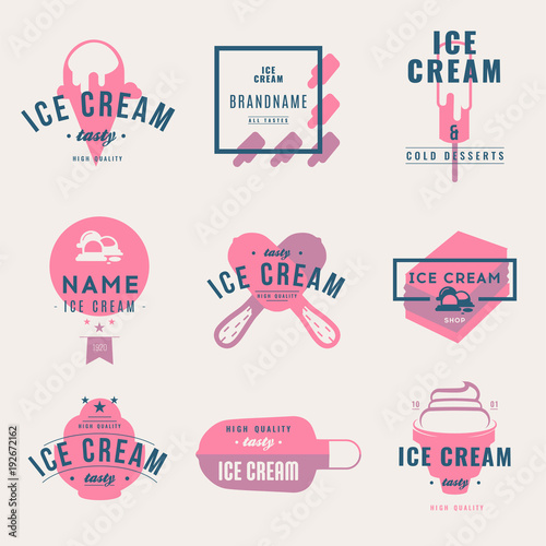 Set of ice-cream shop labels, logotypes and design elements. Vintage collection of different ice cream elements. Cold desserts and ice cream objects. Vector elements for design. Ice cream silhouettes.