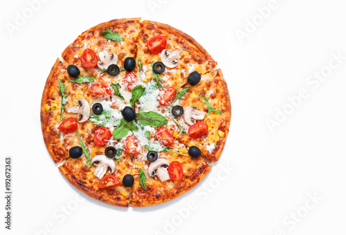 Pizza with ingredients on stone background 