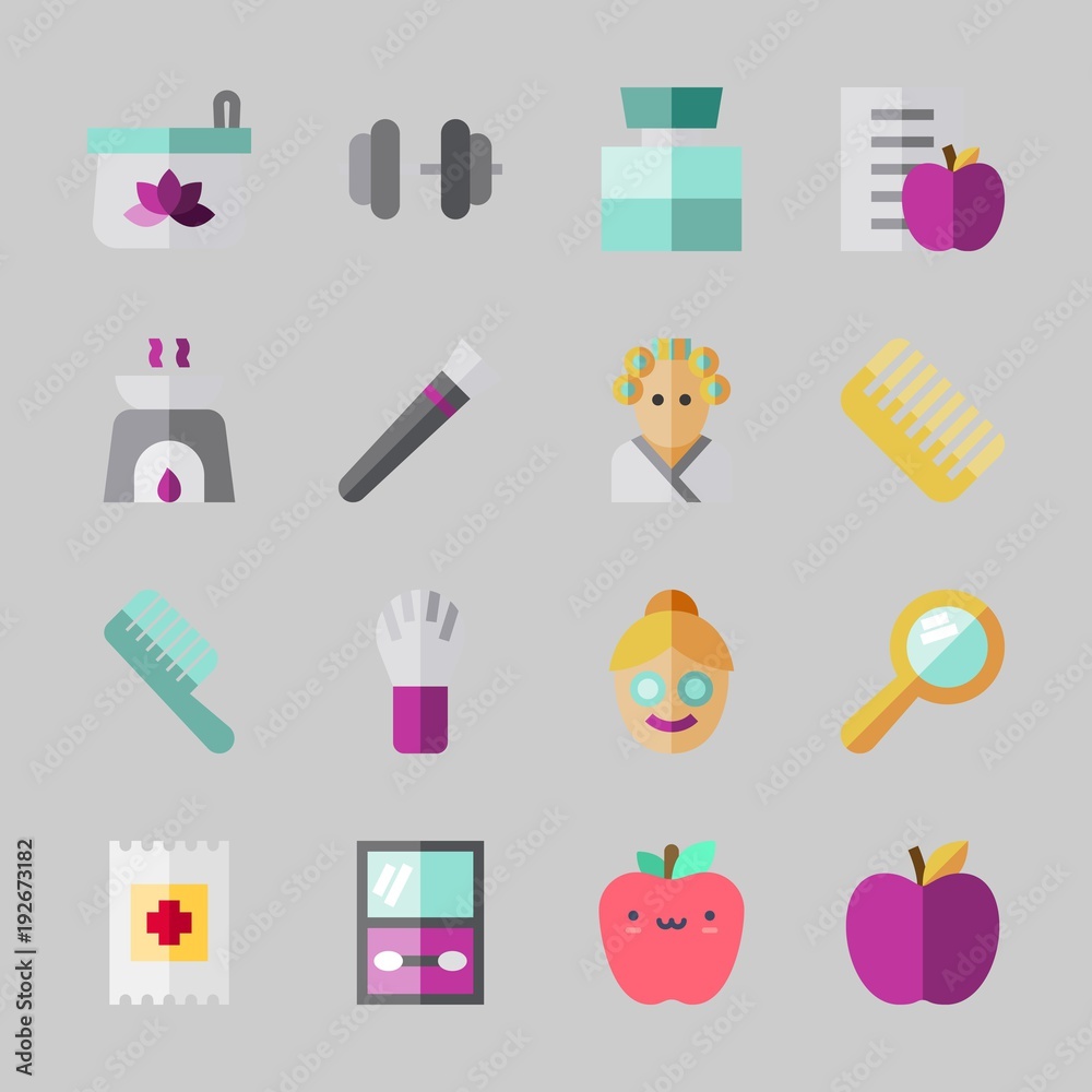 Icons about Beauty with dumbbell, aromatherapy, diet, eye shadow, cologne and face