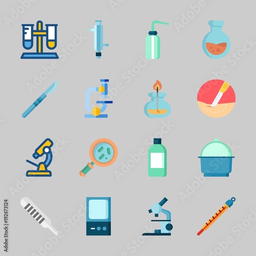 Icons about Laboratory with surgery, flask, microscope, crucible, lab and condenser