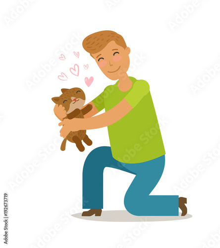 Care for pet. Young man holds a cute stray kitten in his hands. Cartoon vector illustration