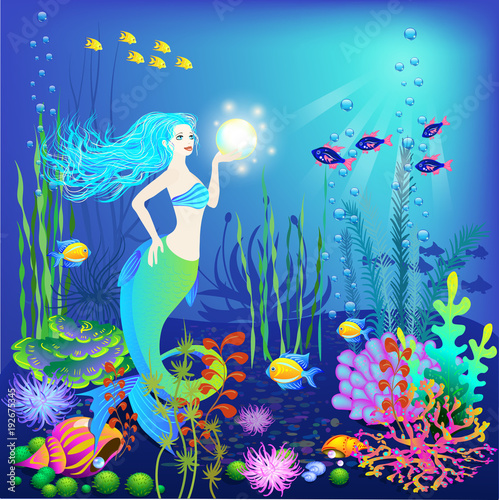 Underwater world, little mermaid, fishes, sea plants and a pearl