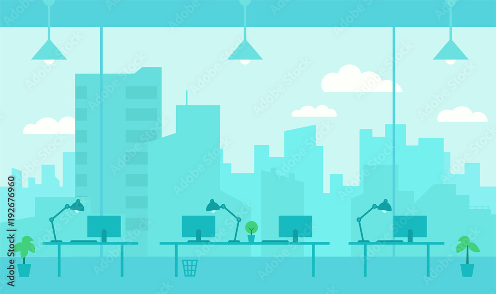 Office workplace. Blue color background room large window with splendid view skyscrapers city. Flat color vector illustration stock clipart.