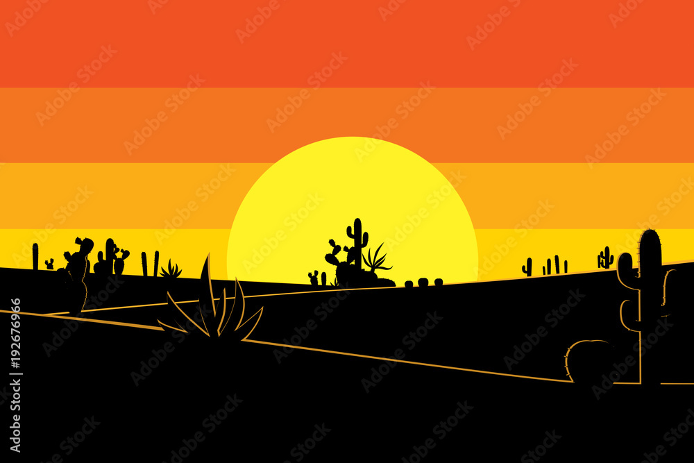 Desert with cactus and sunset scenic. Vector illustration of landscape background