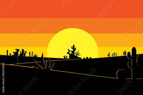 Desert with cactus and sunset scenic. Vector illustration of landscape background