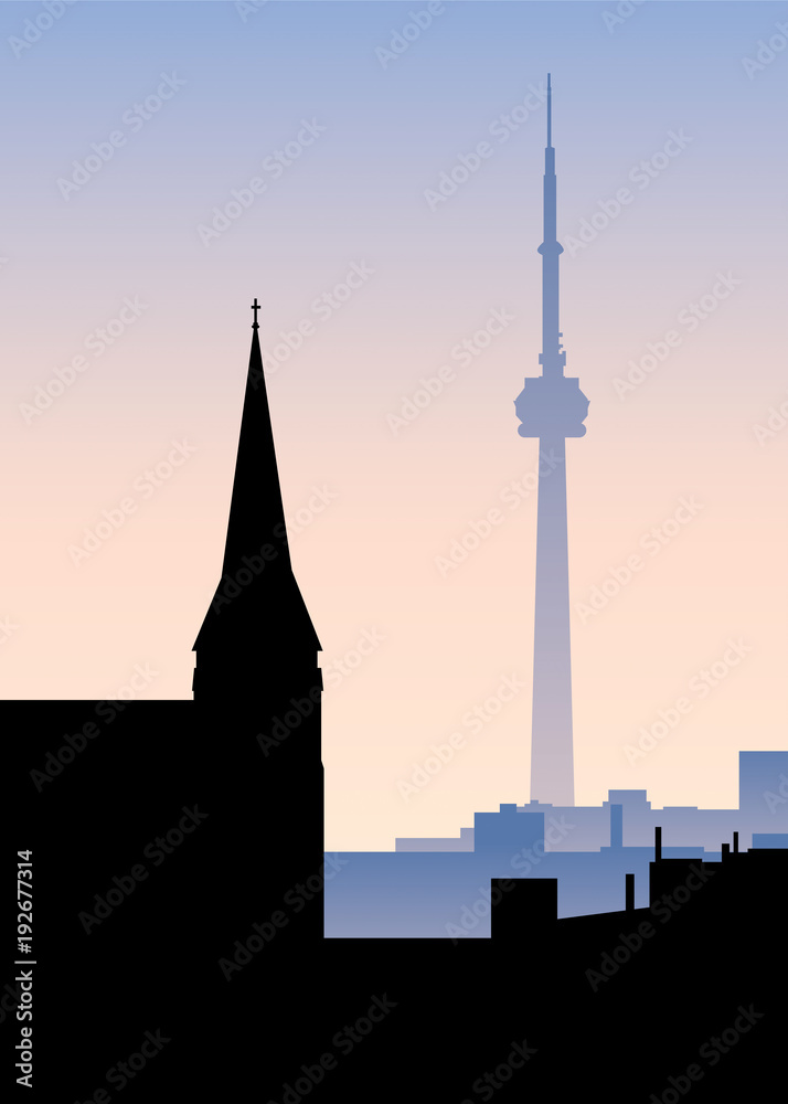 Skyline silhouette illustration of contrasting towers in the city of Toronto, Ontario, Canada.