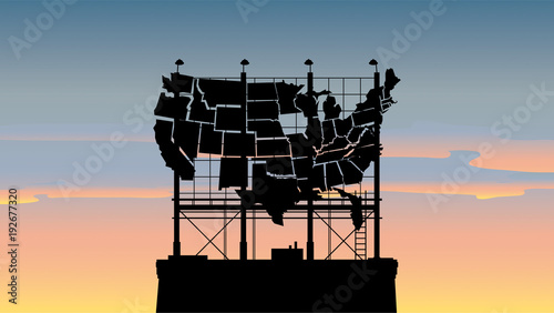 A silhouette illustration of a tattered and worn out billboard map of the United States of America.