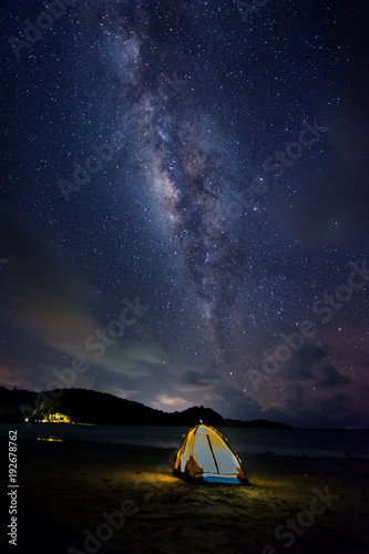 Core of milky way and starry night sky at Kudaat, Sabah Malaysia. Image contain soft focus, blur and noise due to long expose.