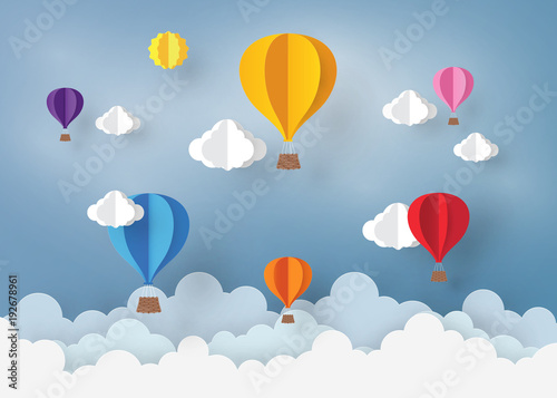 Ballon and Cloud in the  blue sky with paper art design , vector design element  and illustration