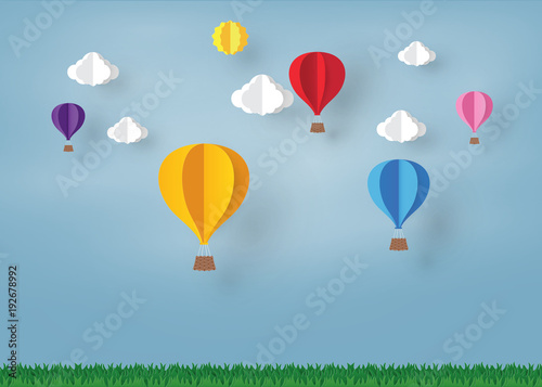 colorful Ballon and Cloud in the  blue sky with paper art design , vector design element  and illustration