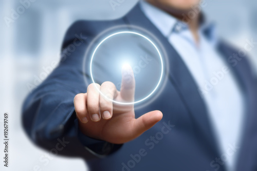 Businessman pressing button. Innovation technology internet business concept. Space for text