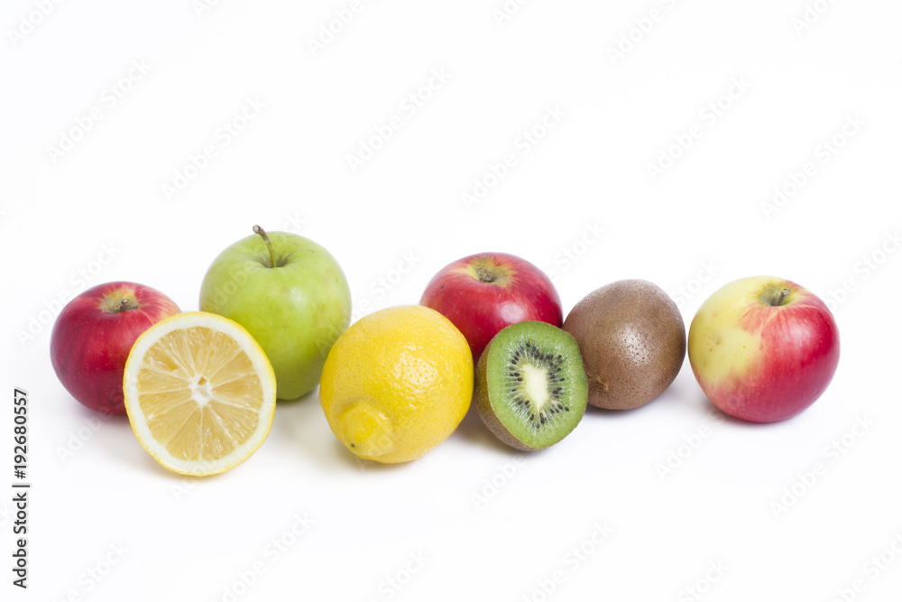Lemon with apples and kiwi on white background. Kiwi with lemon on a white background. Fruits on a white background. Lemon with apples and kiwi on white background. Kiwi with lemon on a white background. Fruits on a white background.