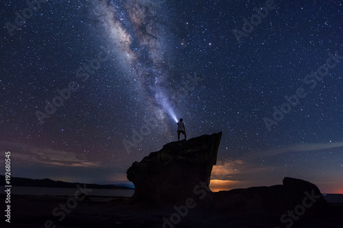 Bright milky way core and starry night sky at Kudat, sabah Malaysia. image contain soft focus, blur and noise due to long expose and high iso.