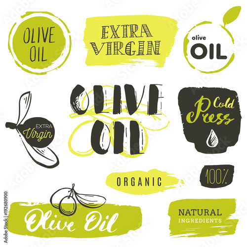 Vector hand lettering olive production logos or signs. Retro sketched extra virgin oil illustrations set for farm or cosmetics produce, packaging badges, tags, cafe, stores design etc.
