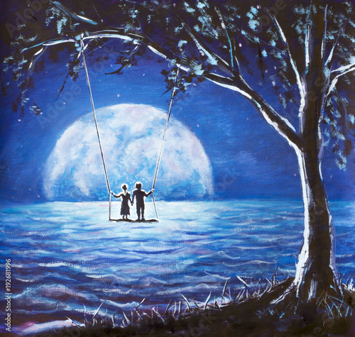 lovers ride on swing, male man and girl woman against background of big moon. night blue ocean, sea waves, fantasy, romance, love, happiness, dreams artwork oil painting for book photo