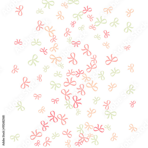 Festive Background with Colorful Bows. Cute Pattern for Postcard, Print, Banner or Poster. Small Pretty Bows For Party Decoration, Wedding, Birthday or Anniversary Invitation. Vector
