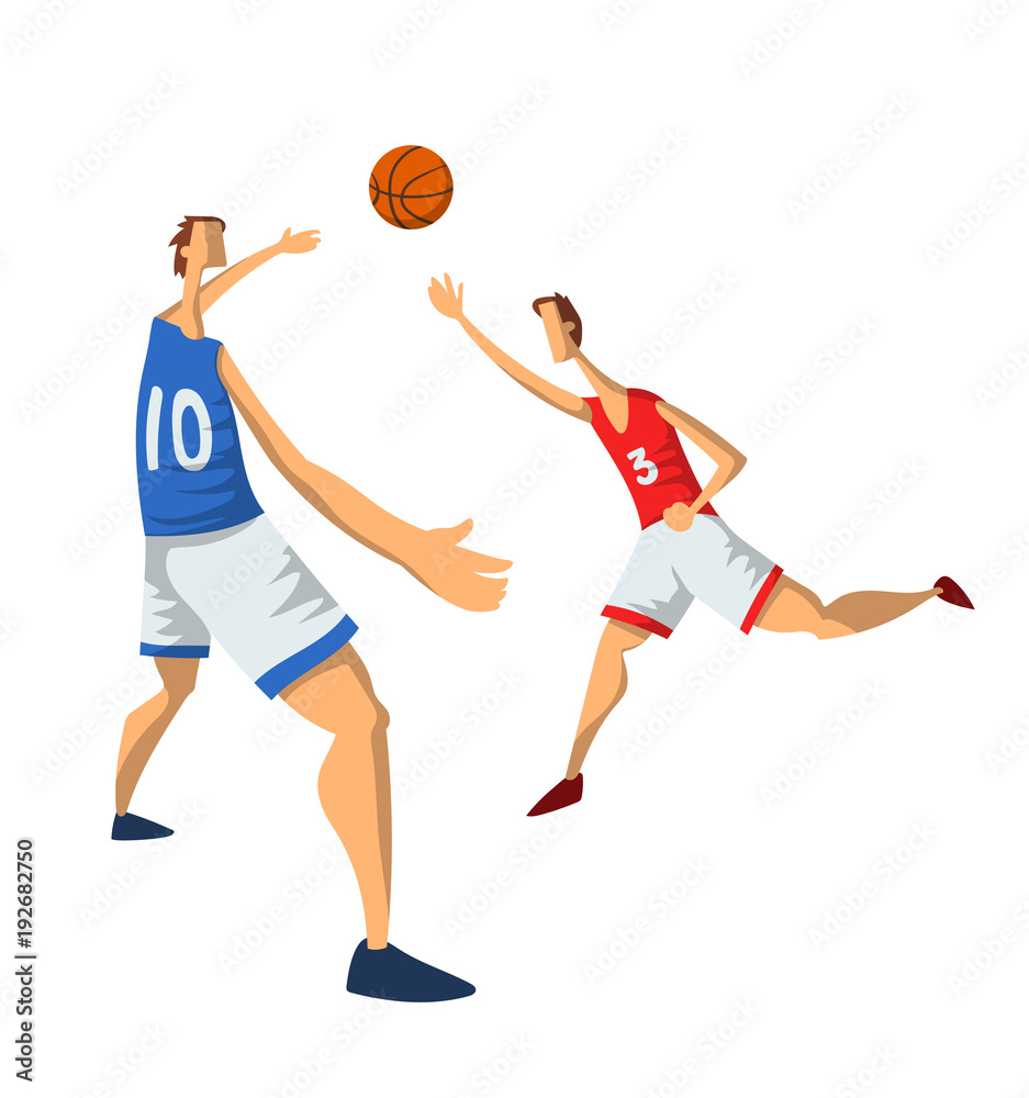 Basketball players in abstract flat style. Men playing with a basketball ball. Vector illustration, isolated on white background.