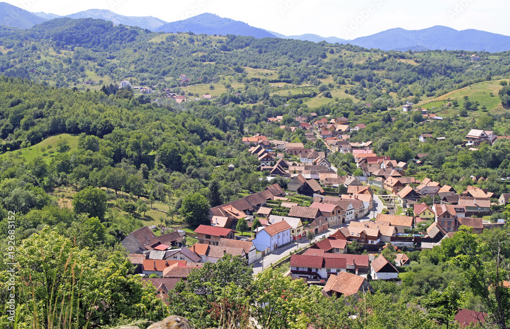 View of small village Cisnadioara from the hill