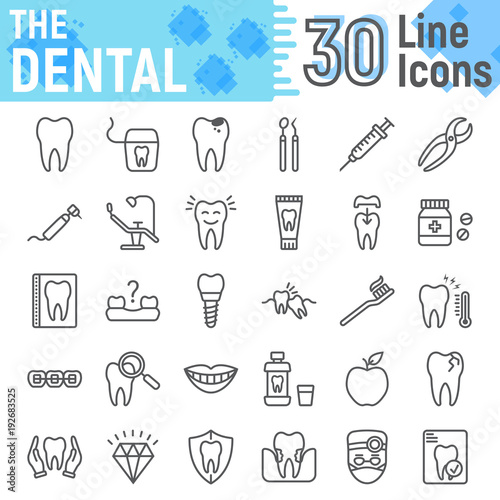 Dental line icon set, Stomatology symbols collection, vector sketches, logo illustrations, Dental clinic signs linear pictograms package isolated on white background, eps 10.
