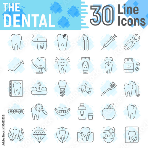 Dental thin line icon set, Stomatology symbols collection, vector sketches, logo illustrations, Dental clinic signs linear pictograms package isolated on white background, eps 10.