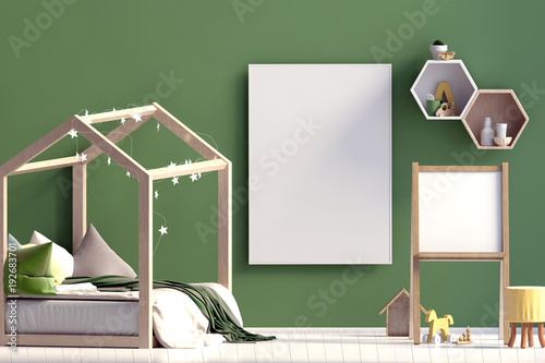 Interior of the childroom. sleeping place. 3d illustration. Mock up poster