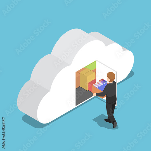 Isometric businessman keep file in cloud shaped room.