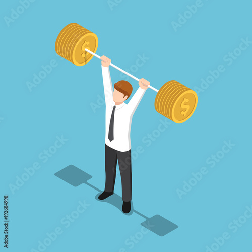 Isometric businessman lifting barbell coins.