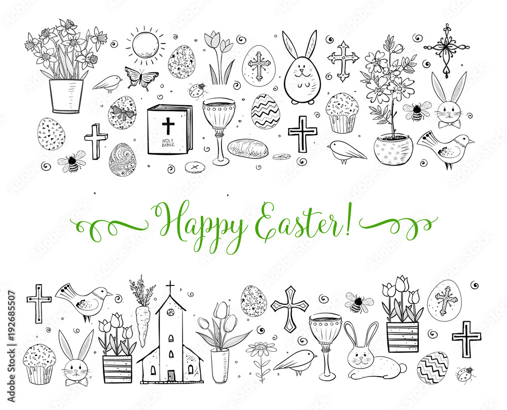 Easter greeting card with easter doodles on white background.