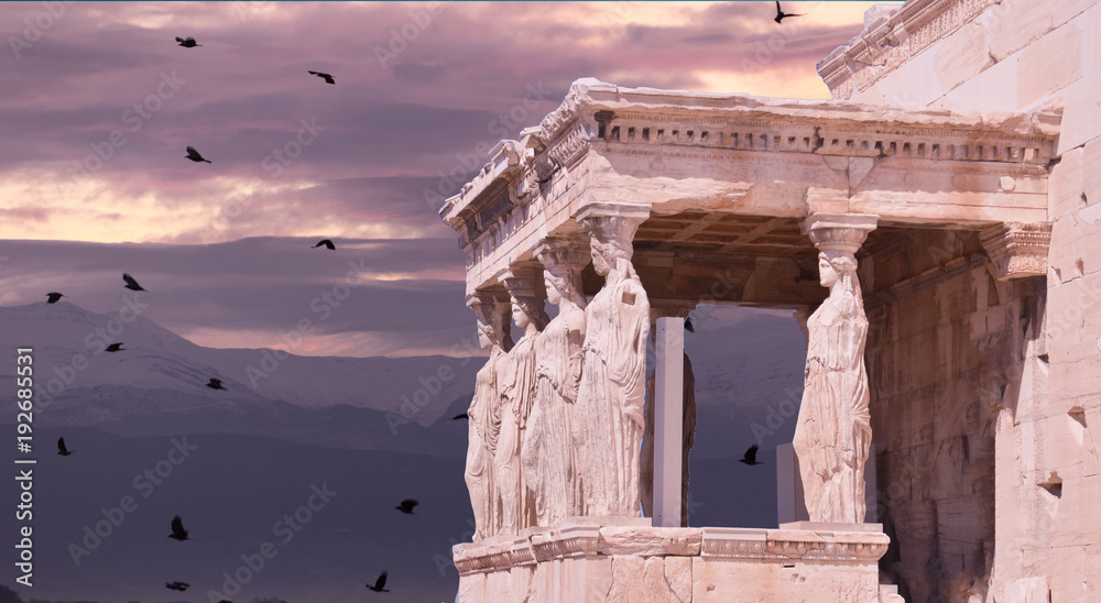 parthenon in Athens greece ancient monuments caryatids black birds Stock  Photo | Adobe Stock