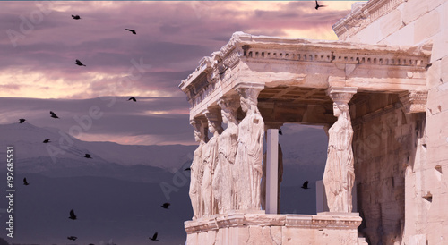 parthenon in Athens greece ancient monuments caryatids black birds