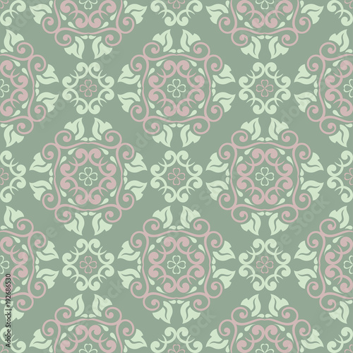 Floral seamless pattern. Olive green background with pale pink flower elements