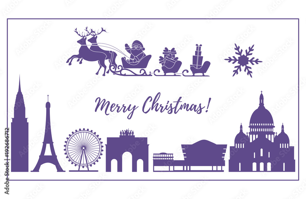 Fototapeta premium Santa Claus in sleigh flying over buildings.