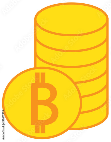 Bitcoin crypto currency icon or logo vector over a pile of coins stack. Symbol for bank or banking on a digital economy with virtual cash and currencies used for commerce payment and financial network