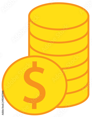 Dollar currency icon or logo vector over a pile of coins stack. Symbol for United States of America bank, banking or American finances.