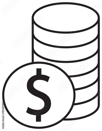 Dollar currency icon or logo vector over a pile of coins stack. Symbol for United States of America bank, banking or American finances.
