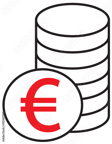 Euro currency icon or logo vector over a pile of coins stack. Symbol for European Union bank, banking or Europe Eurozone finances