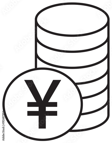Yen, Yuan or Renminbi currency icon or logo vector over a pile of coins stack. Symbol for Japanese or Chinese bank, banking or Japan and China finances