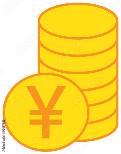 Yen, Yuan or Renminbi currency icon or logo vector over a pile of coins stack. Symbol for Japanese or Chinese bank, banking or Japan and China finances