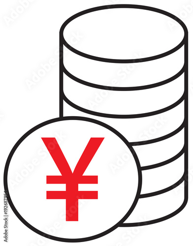 Yen, Yuan or Renminbi currency icon or logo vector over a pile of coins stack. Symbol for Japanese or Chinese bank, banking or Japan and China finances