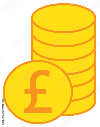 Pound Sterling currency icon or logo vector over a pile of coins stack. Symbol for United Kingdom or Great Britain and England bank, banking or British and English finances