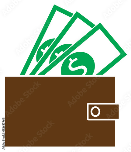 Dollar currency icon or logo vector on notes popping out of a wallet. Symbol for United States of America bank, banking or British and English finances