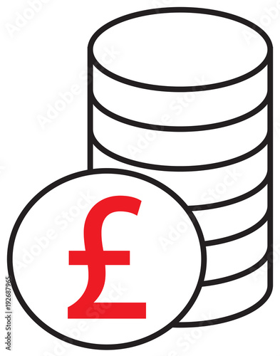 Pound Sterling currency icon or logo vector over a pile of coins stack. Symbol for United Kingdom or Great Britain and England bank, banking or British and English finances