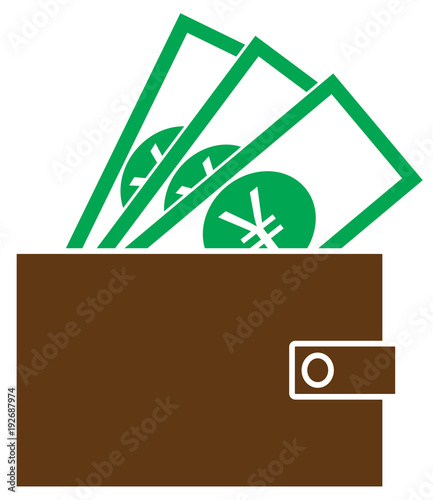 Yen, Yuan or Renminbi currency icon or logo vector on notes popping out of a wallet. Symbol for Japanese or Chinese bank, banking or Japan and China finances