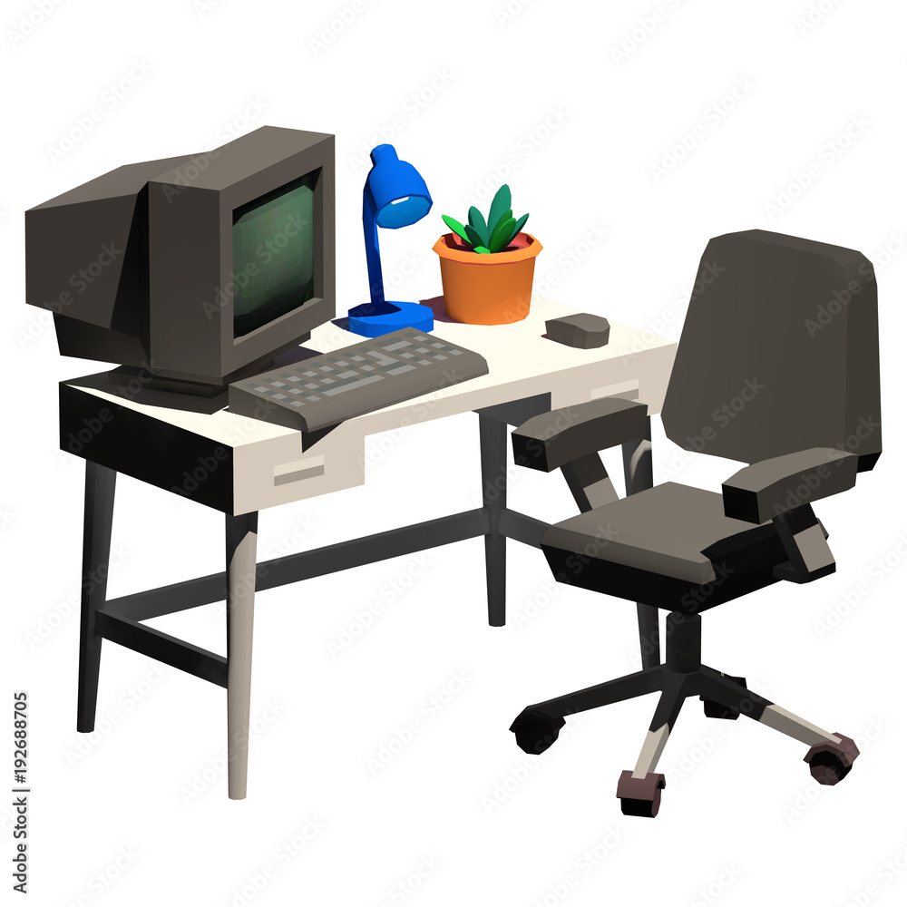 Office work station on isolated white background. Low Poly 3D Illustration Office work station on isolated white background. Low Poly 3D Illustration