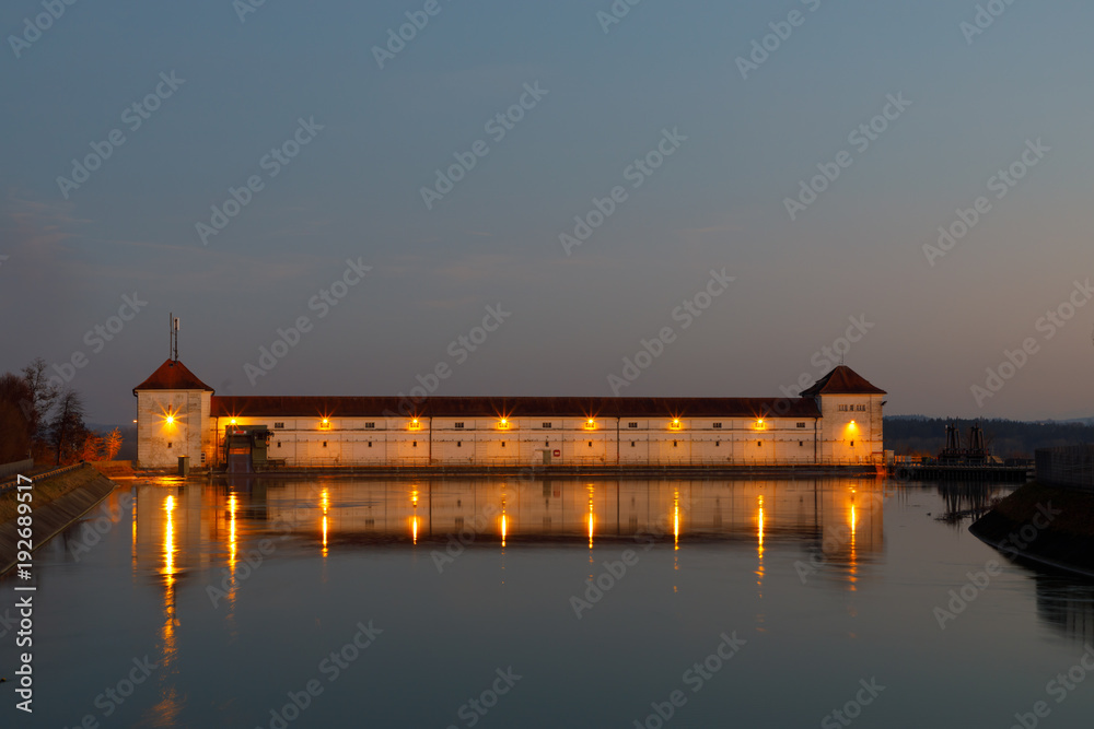 water power plant after sunset, toeging, bavaria, germany