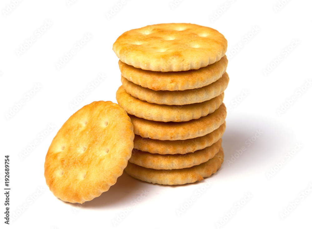 Biscuit cracker stack of yellow round isolated on white background Biscuit cracker stack of yellow round isolated on white background