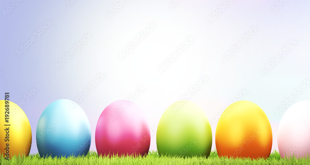 Fototapeta premium Easter eggs 3d rendering green grass meadow blades of grass
